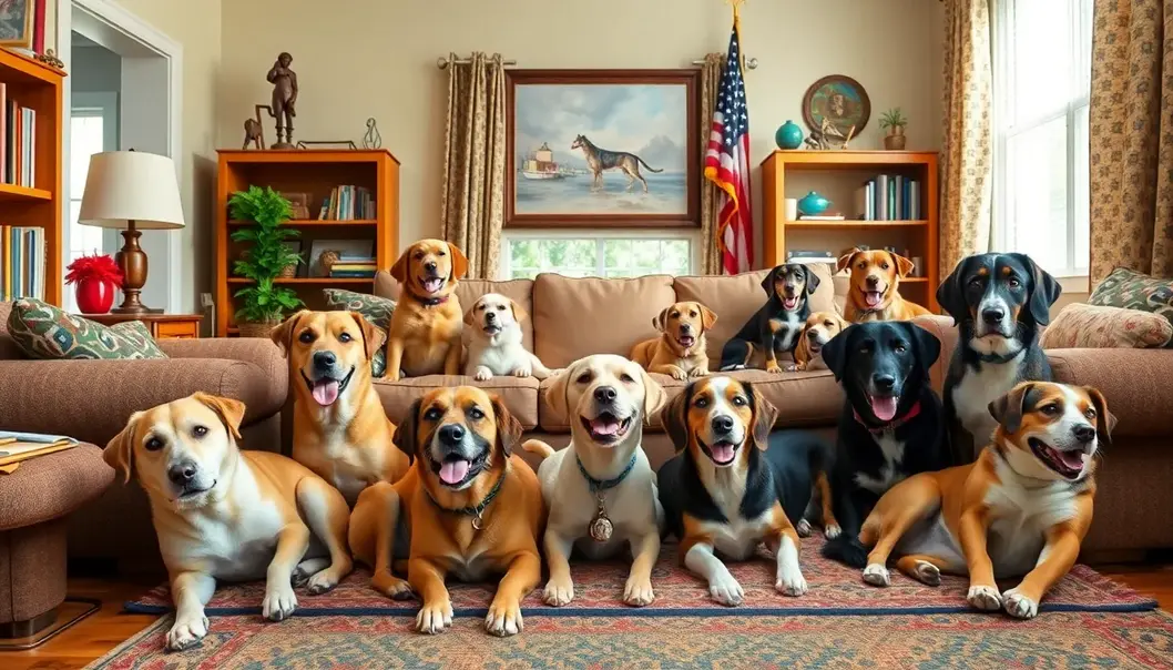 Several dog breeds lounging and showing off personalities in an American living room.
