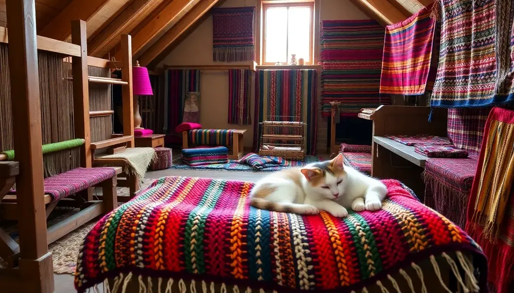 A vintage loom in an attic surrounded by colorful woven textiles, with a cat sleeping on a handmade blanket.