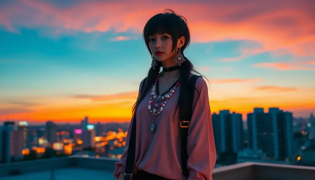 An individual in cosplay with dramatic statement jewelry against a city sunset backdrop.