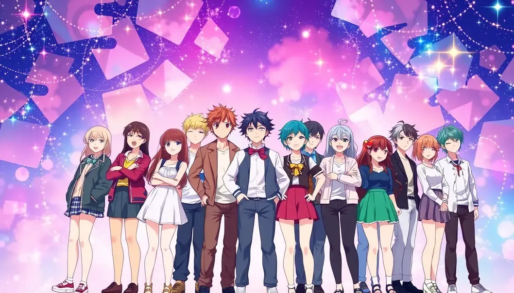 Anime characters in a colorful fantasy setting showing confidence and joy.