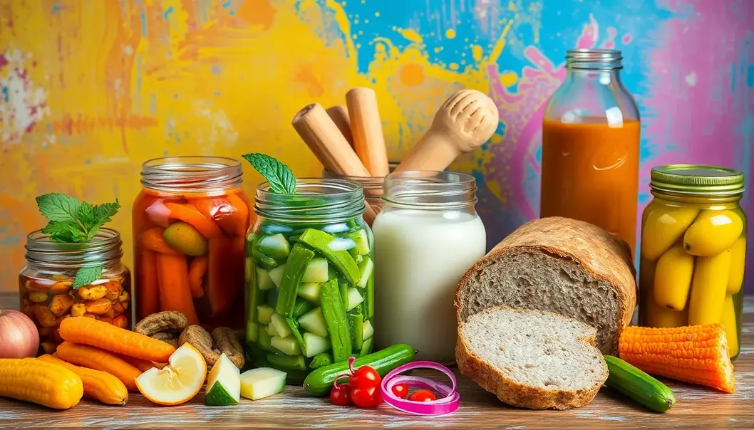 A variety of fermented foods like kimchi, kombucha, and sourdough bread on a colorful background.