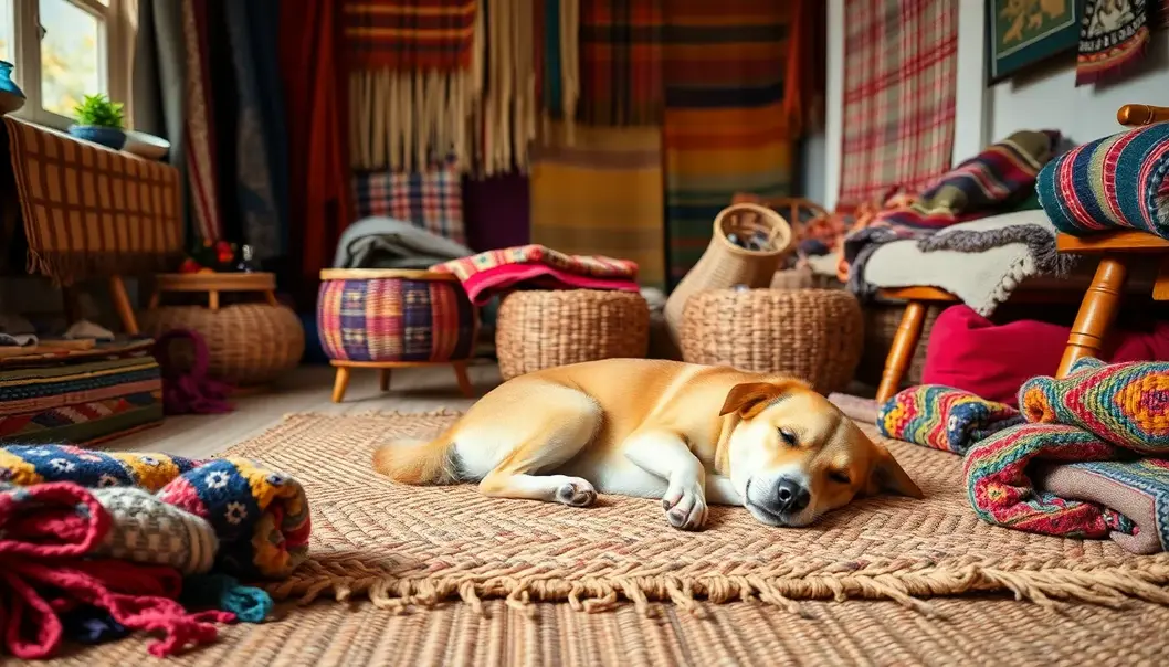 A living room with woven textiles and a dog resting on a woven rug, symbolizing traditional craftsmanship.